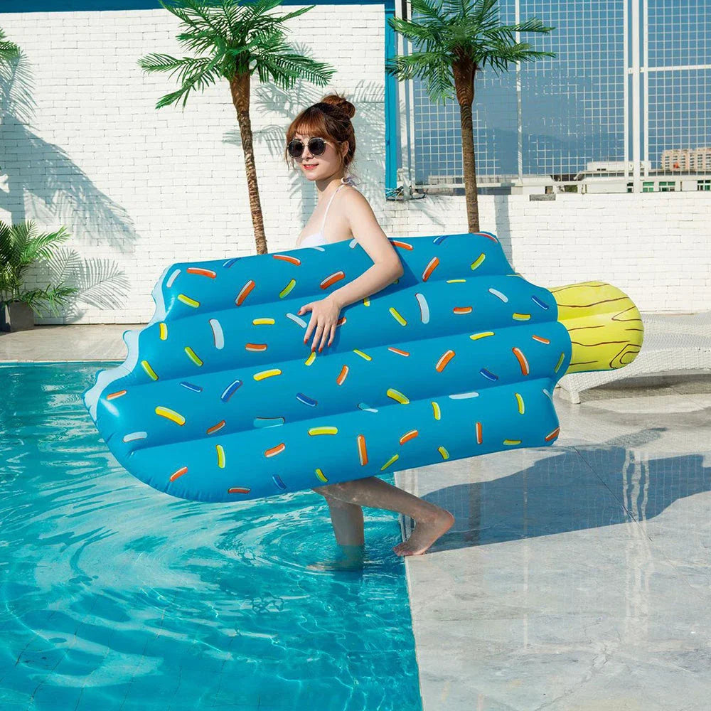 Deluxe Ice Cream Swim Float - A vibrant, dual-coloured inflatable pool float resembling a delicious ice cream treat