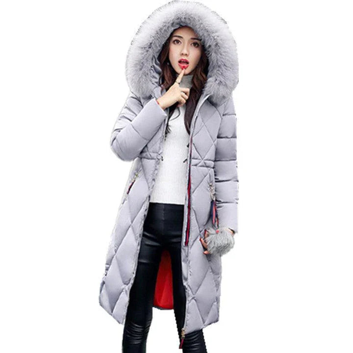 Premium long down jacket with oversized fur collar in various colours, perfect for keeping warm in New Zealand's winter weather