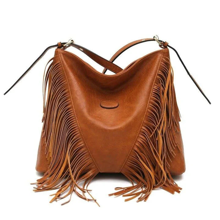 Elegant vegan leather shoulder bag with stylish tassel fringe in black color