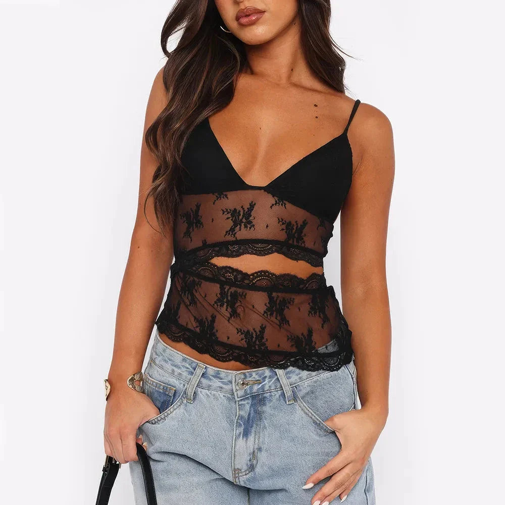 Stylish floral lace camisole with spaghetti straps and backless design, perfect for summer fashion