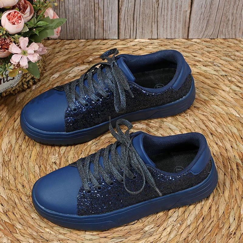 Stylish sequin sneakers for Kiwi women with thick soles and trendy lace-up design, available in various vibrant colours