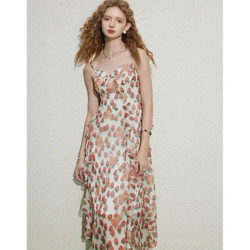 Elegant French-inspired floral midi dress with V-neck, spaghetti straps, and asymmetrical decoration for chic Kiwi style