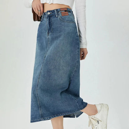 Classic Blue A-Line Midi Denim Skirt with premium denim blend and flattering A-line silhouette