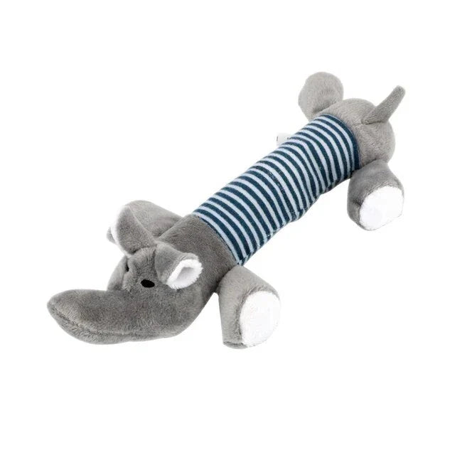 Durable squeaky plush dog toy with textured surface for teeth cleaning and engaging playtime