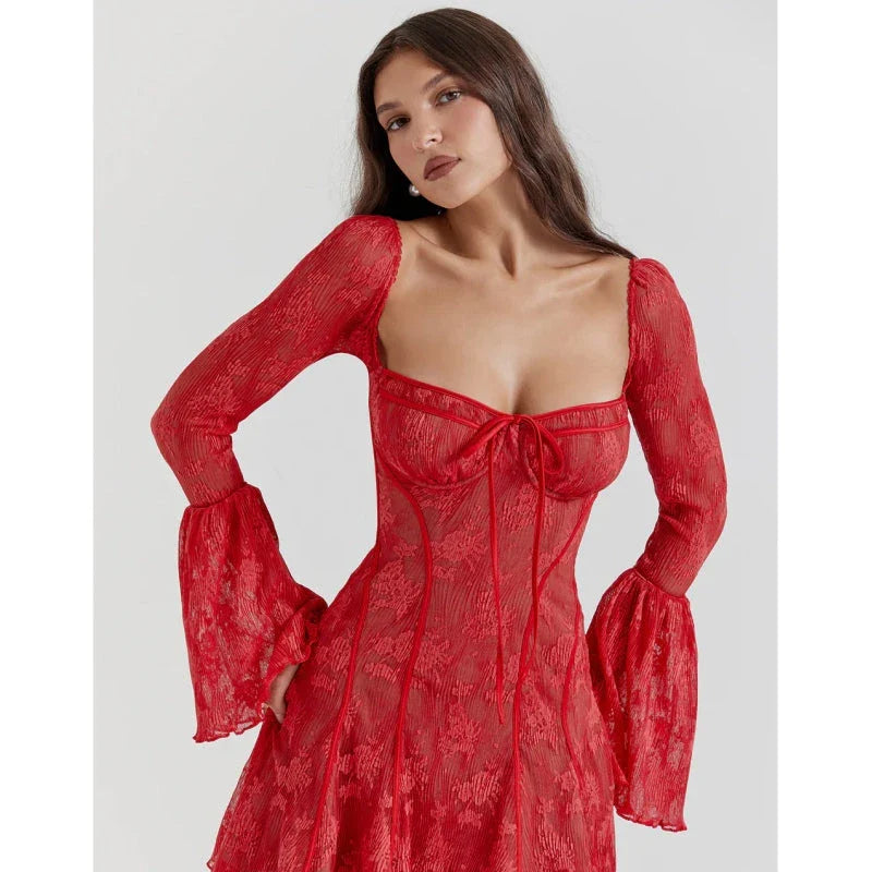 Elegant lace flare sleeve mini dress in red, featuring a flattering A-line silhouette and backless design