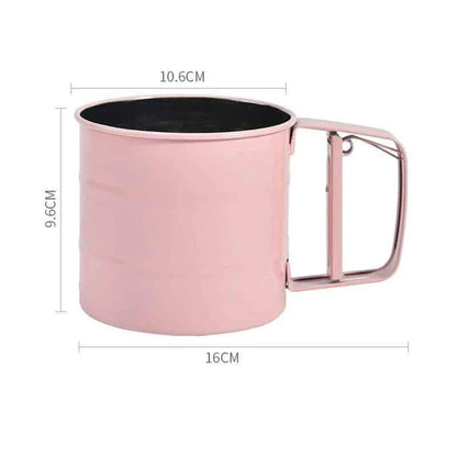 Elegant macaron pink handheld flour sifter with stainless steel construction, perfect for Kiwi bakers