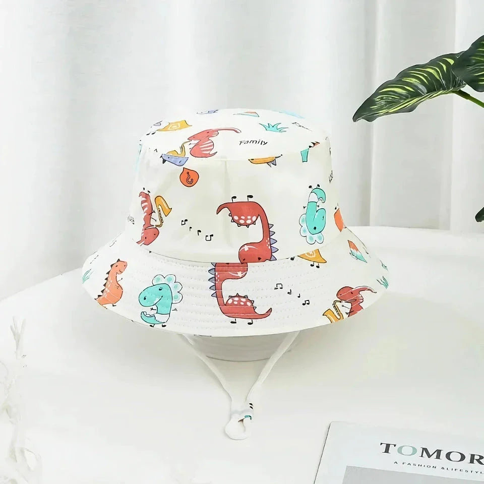 Adorable cartoon-printed cotton baby sun hat with adjustable drawstring for secure fit and wide brim for UV protection