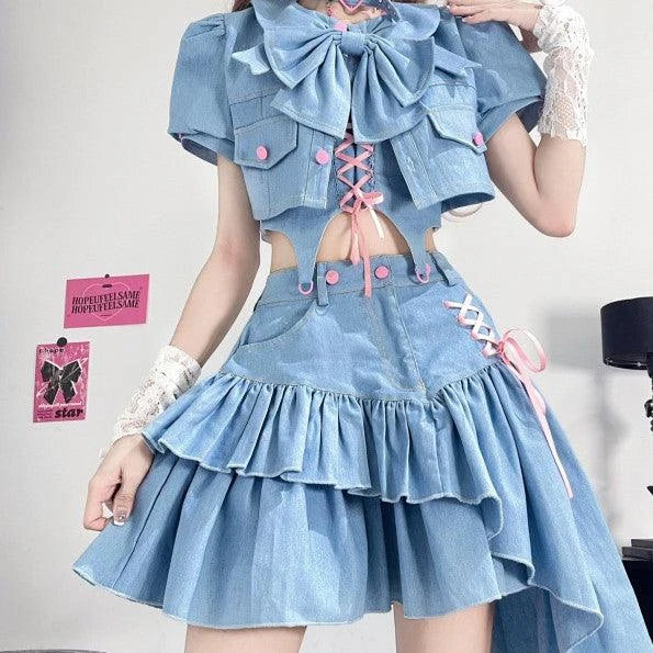 Fashionable three-piece outfit with puff-sleeved coat, lace-up sling top, and unique irregular skirt for the modern New Zealand woman