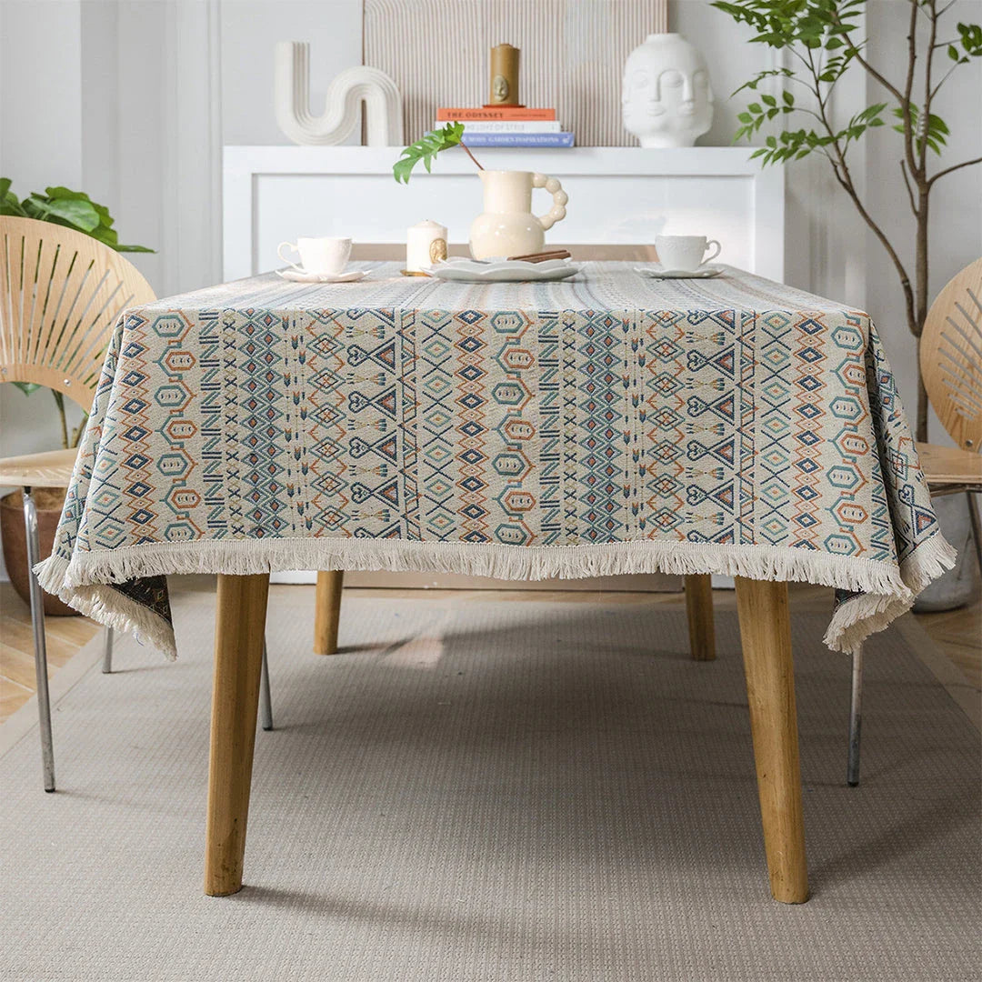 Stylish geometric jacquard tablecloth with a modern bohemian design, perfect for enhancing the look and feel of any Kiwi dining space.