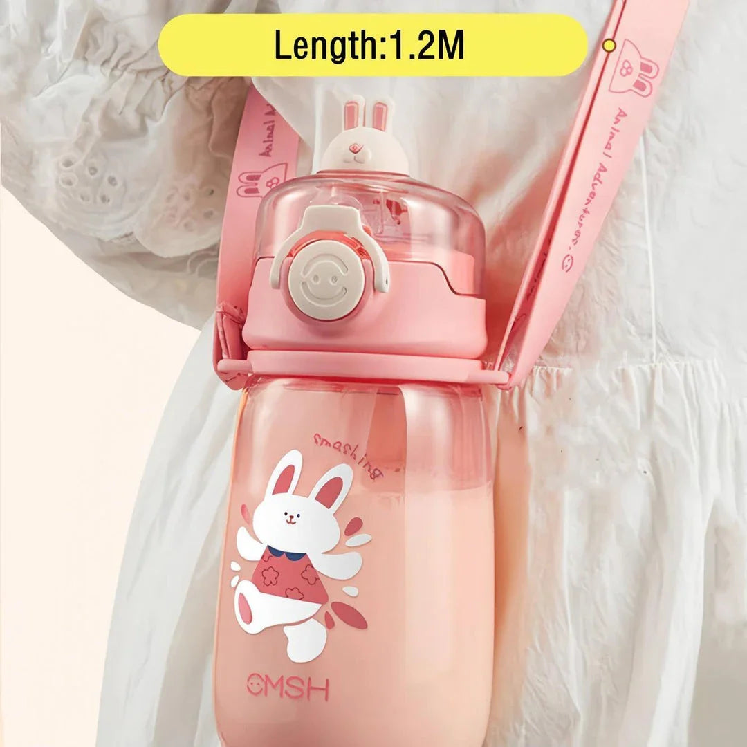 Eco-friendly 520ml water bottle with straw and strap, featuring cartoon designs for Kiwi kids