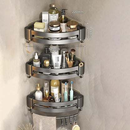 Adhesive Bathroom Shampoo Holder with dual-tier shelves in sleek grey aluminium alloy