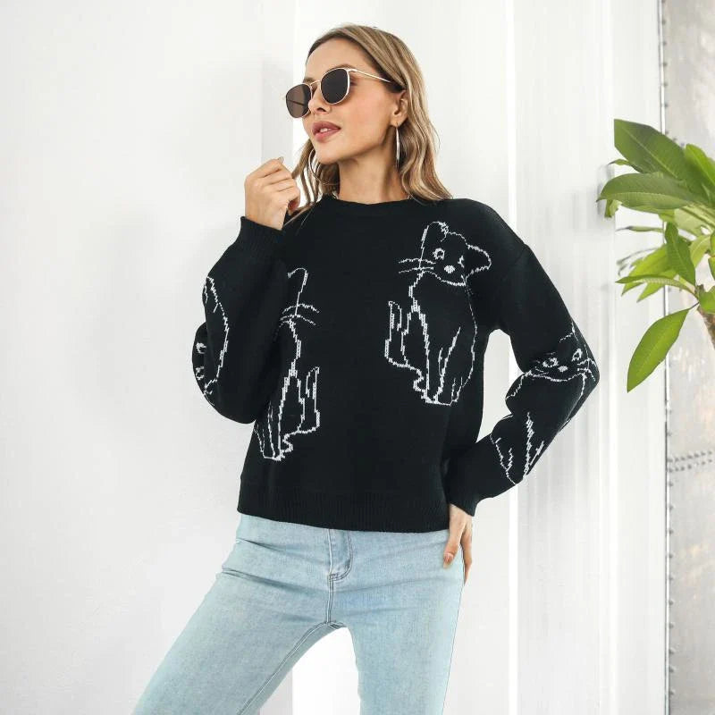 Relaxed-fit women's pullover sweater with cozy cat brocade pattern, perfect for autumn and winter in New Zealand