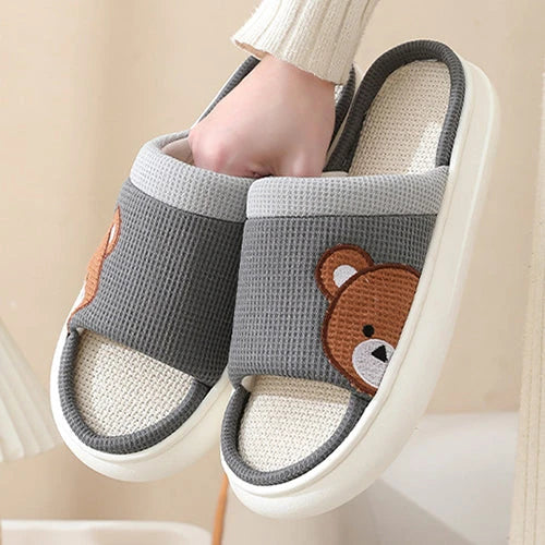 Cozy cartoon bear linen slippers with non-slip soles, perfect for indoor Kiwi comfort