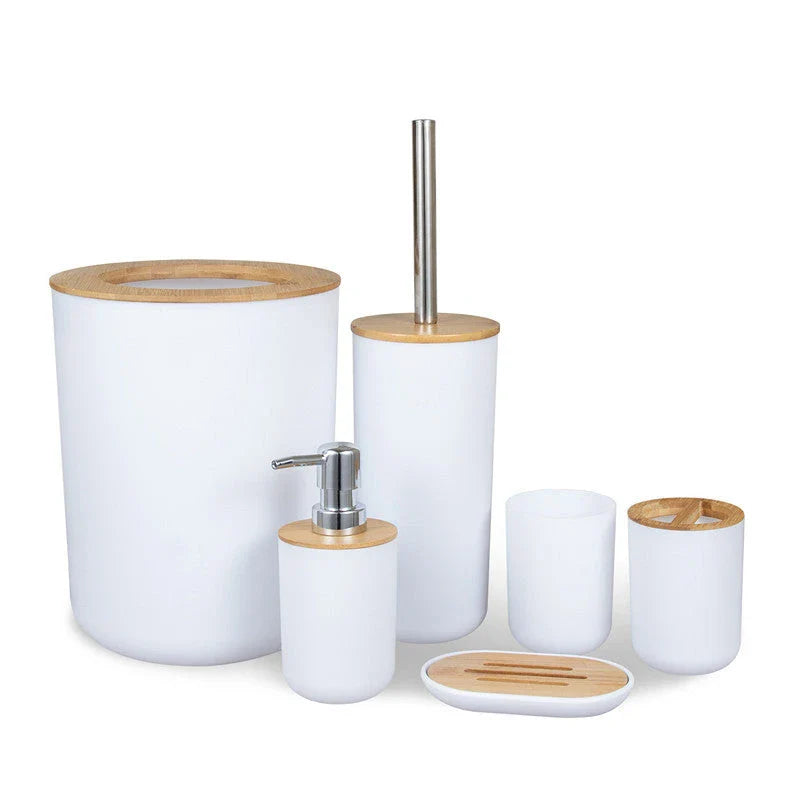 A 6-piece bamboo bathroom accessory set with a trash can, toilet brush, lotion bottle, soap box, toothbrush holder, and mouth cup