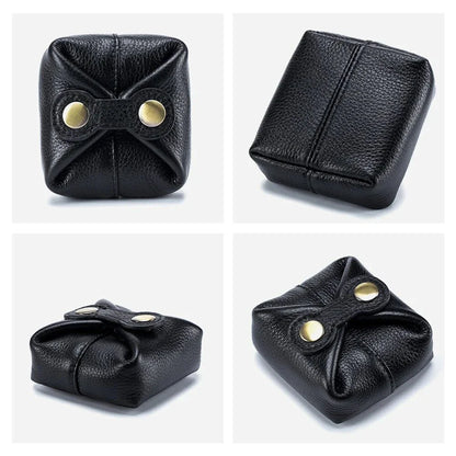 Elegant genuine leather mini wallet in black, featuring a compact design, secure closure, and practical storage for cards, cash, and coins.