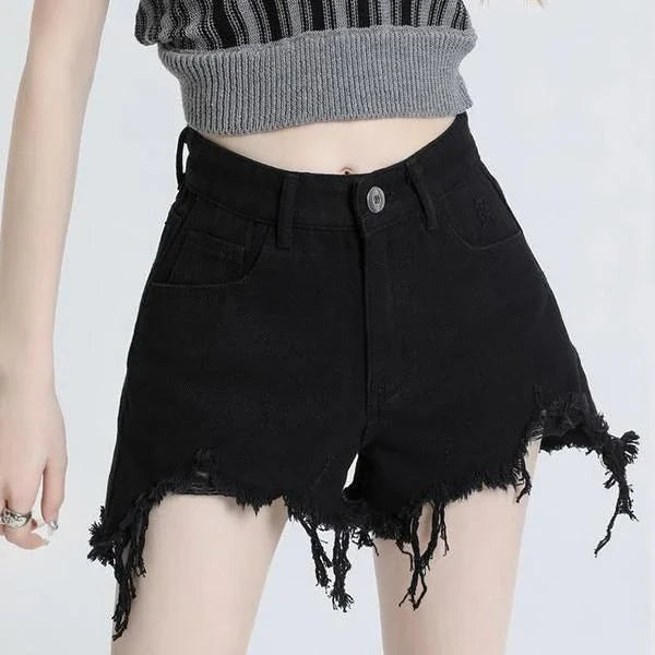 High-waisted black denim shorts with stylish button detailing, designed for the contemporary Kiwi woman