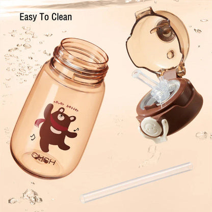 Eco-friendly 520ml water bottle with straw and strap, featuring cartoon designs for Kiwi kids