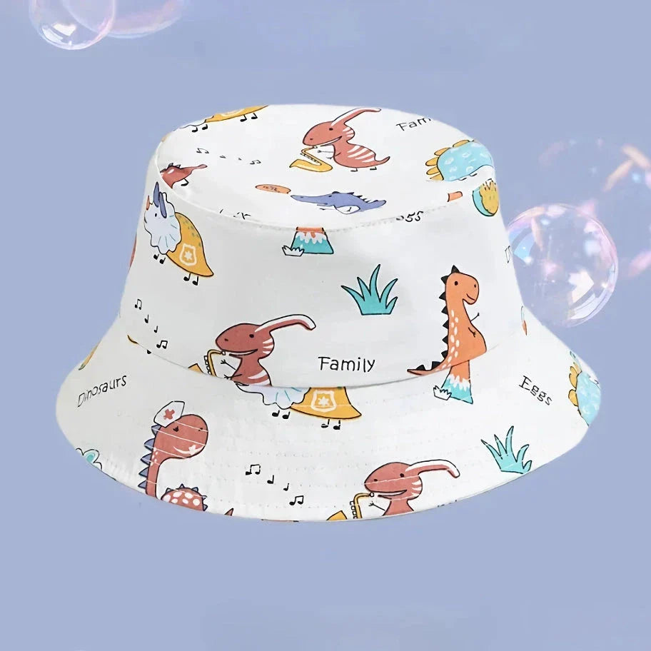 Adorable cartoon-printed cotton baby sun hat with adjustable drawstring for secure fit and wide brim for UV protection