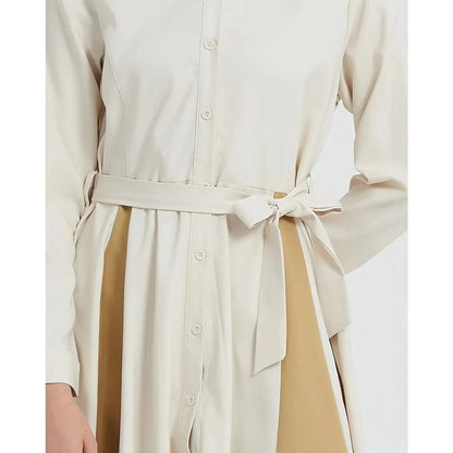 Elegant Beige A-line Long Sleeve Dress with Turn-down Collar and Belt for Flattering Fit