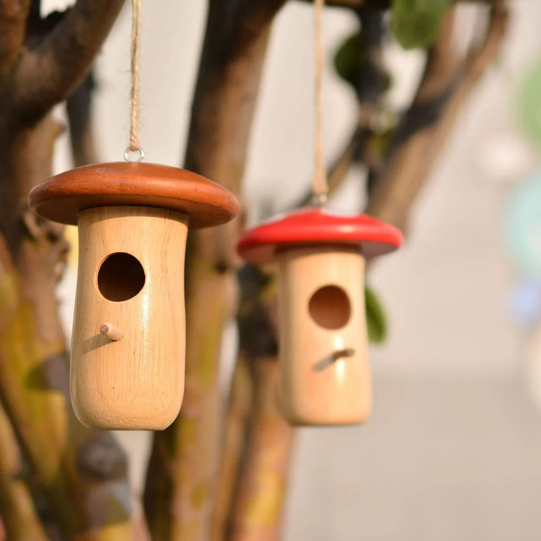 Charming wooden hummingbird nest in a Kiwi garden, designed to attract and shelter local bird species