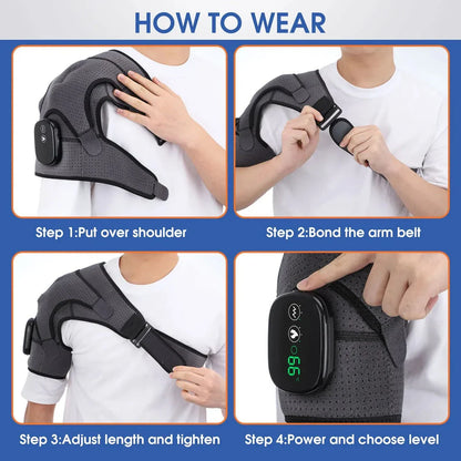 3-Level Heated Vibrating Shoulder Massager for Pain Relief and Rehabilitation, featuring heat therapy, magnetic therapy, and vibration massage functions.