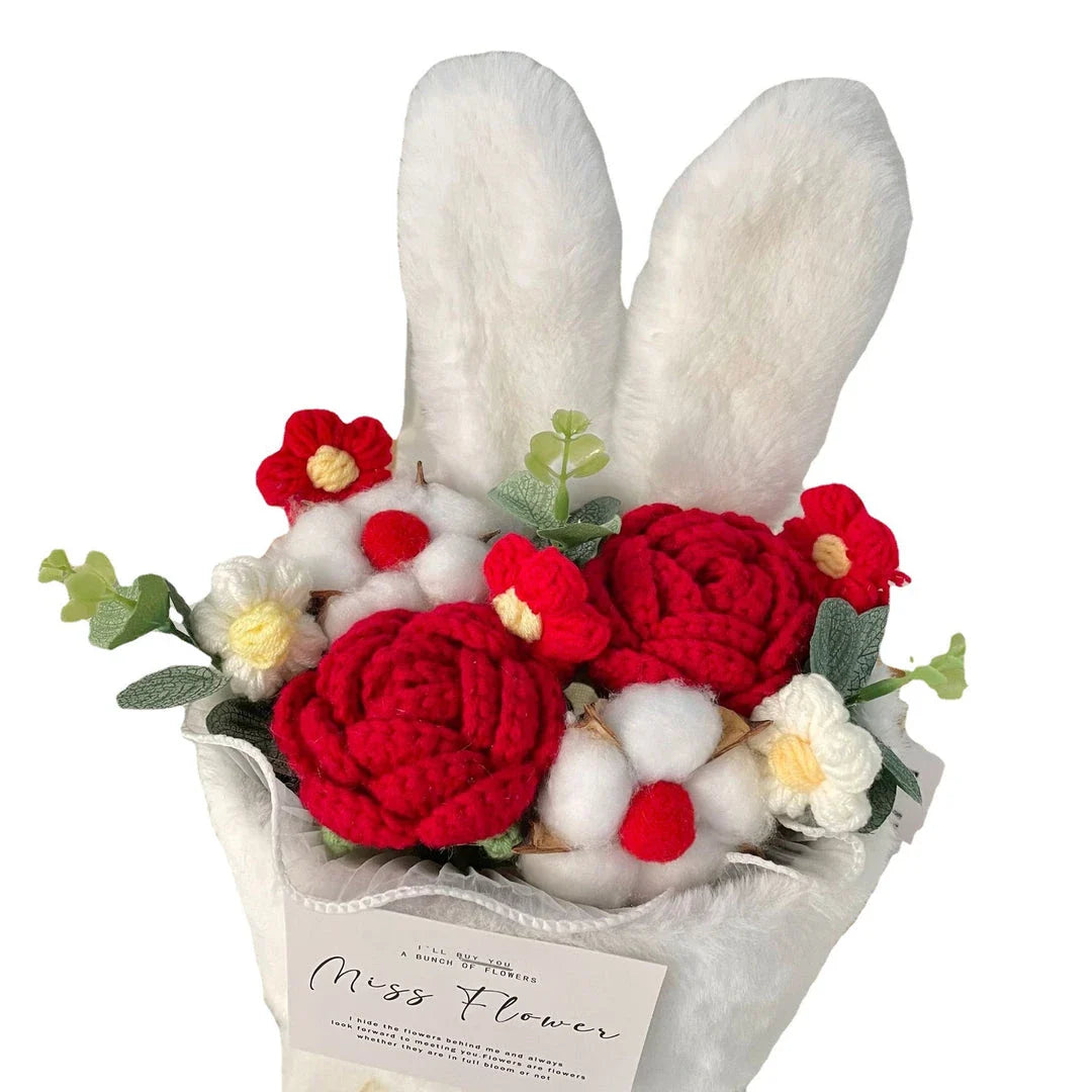 Creative knitted rabbit ear bouquet doll in vibrant colours, a unique and eco-friendly home accessory from New Zealand