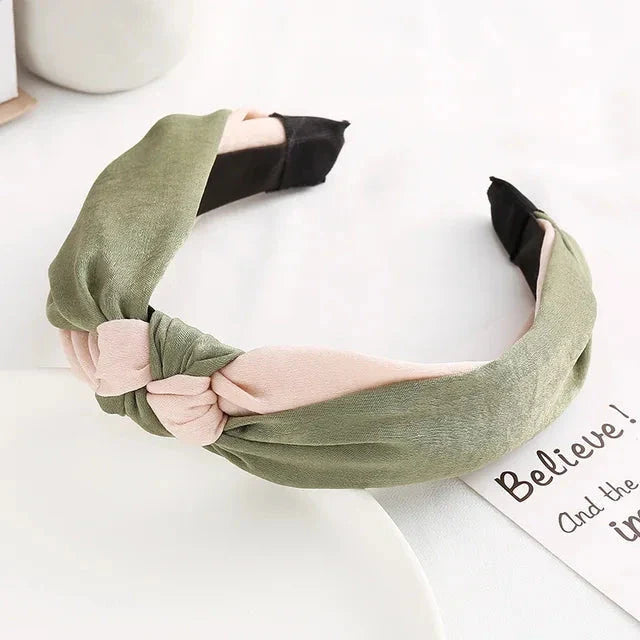 Stylish cross bow patchwork headband in multiple colours, designed for comfortable and fashionable wear