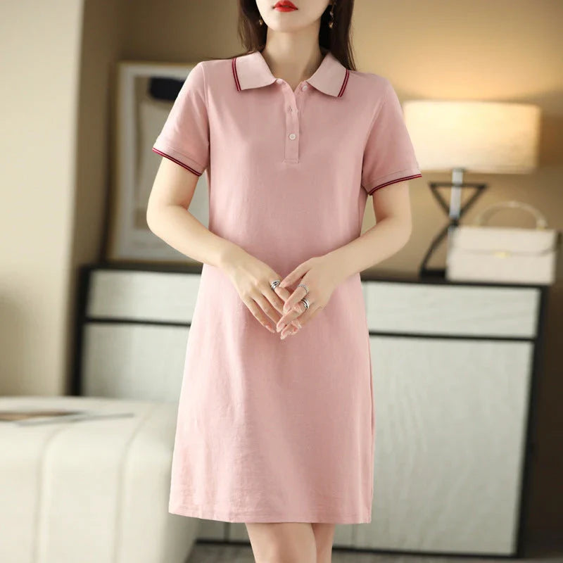 Stylish Kiwi Chic Mid-Length Polo Collar Dress in White, Black, Pink, and Navy Blue colors