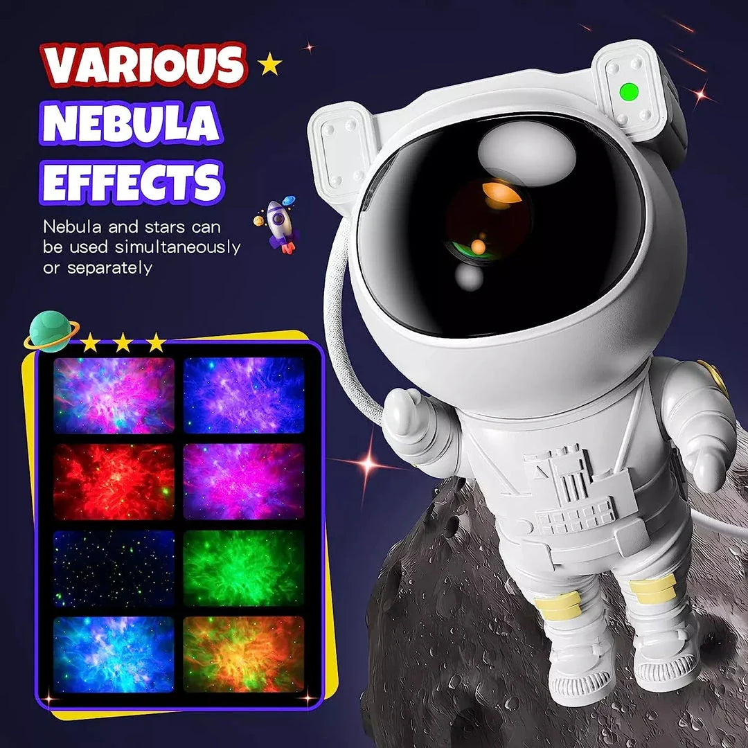 Astronaut Star Projector Lamp with 360-degree rotating head, detachable lunar base, and customizable astronaut pose