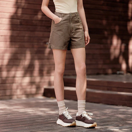 Versatile high-waisted cotton shorts in a classic coffee color, perfect for Kiwi summer style
