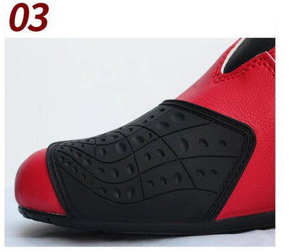 Motorcycle riding boots with reinforced toe and heel, slip-resistant construction, and adjustable straps for a secure fit