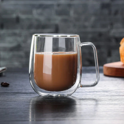 Double-Walled Heat Resistant Borosilicate Glass Mug in Clear and Smoke Grey Colours, Featuring Elegant Design and Generous Capacity