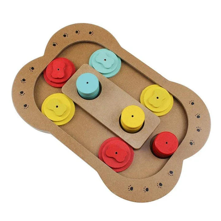 Paw-shaped puzzle treat board made of sustainable New Zealand pine, designed to challenge and enrich your dog's mind