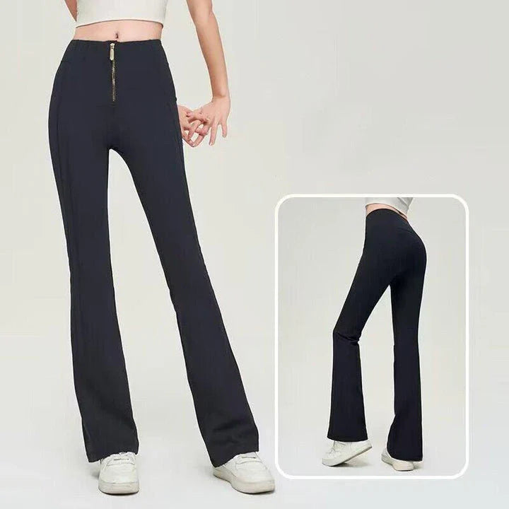 Premium nylon bell-bottom trousers with slimming high-waist design, perfect for Kiwi women's fitness and everyday style.