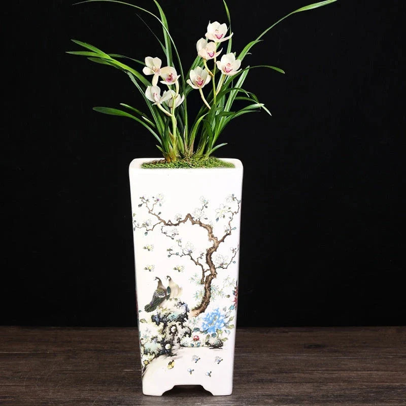 Stylish square ceramic planter in white, suitable for growing asparagus fern, orchids, and herbs on balconies or patios.