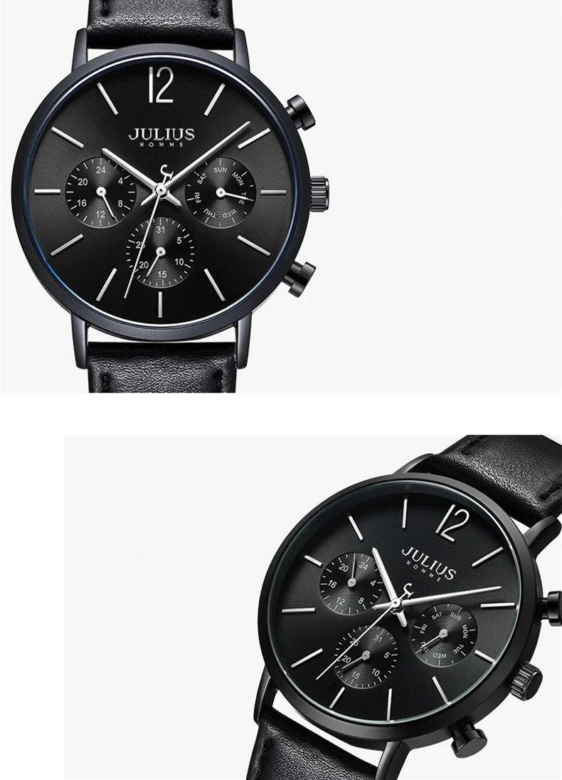 Stylish Multi-Function Quartz Waterproof Watch with a sleek design, durable mineral-reinforced glass, and comfortable leather strap