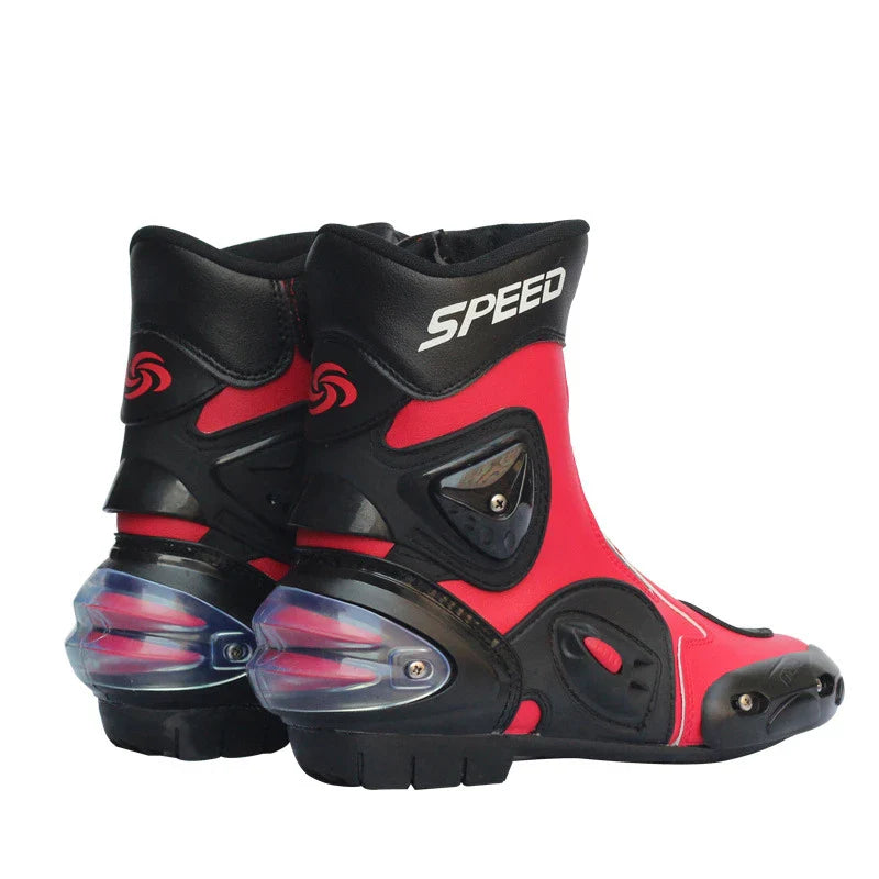 Motorcycle riding boots with reinforced toe and heel, slip-resistant construction, and adjustable straps for a secure fit