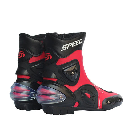 Motorcycle riding boots with reinforced toe and heel, slip-resistant construction, and adjustable straps for a secure fit