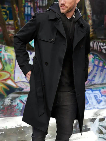 A stylish long sleeve trench coat in a slim, tailored fit with a double-breasted closure and practical side pockets