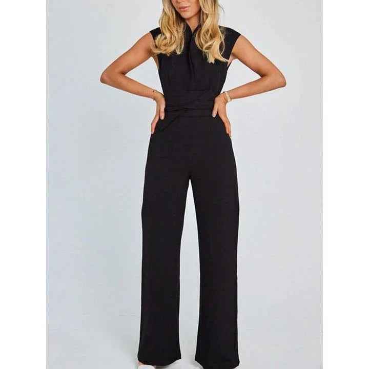 Elegant V-Neck Sleeveless Wide-Leg Jumpsuit in Khaki color, featuring a high-waist silhouette and lace-up detail for a refined, versatile look.