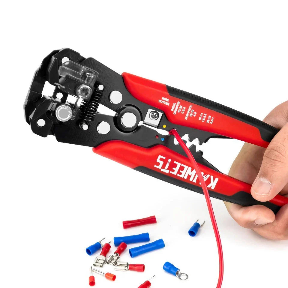 Automatic Wire Stripping and Crimping Tool Set with self-adjusting jaws and micro-adjusting swivel knob for versatile wire handling