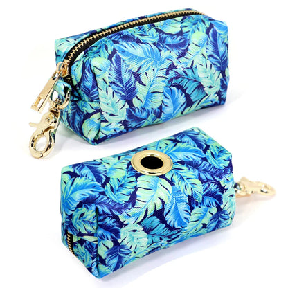 Durable nylon dog bag with floral print design, featuring multiple compartments for treats, waste bags, and other essentials.