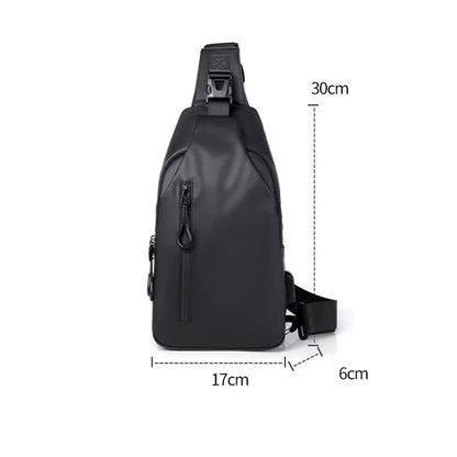 Eco-friendly sling backpack in blue, black, and grey colours with adjustable strap for hands-free wear