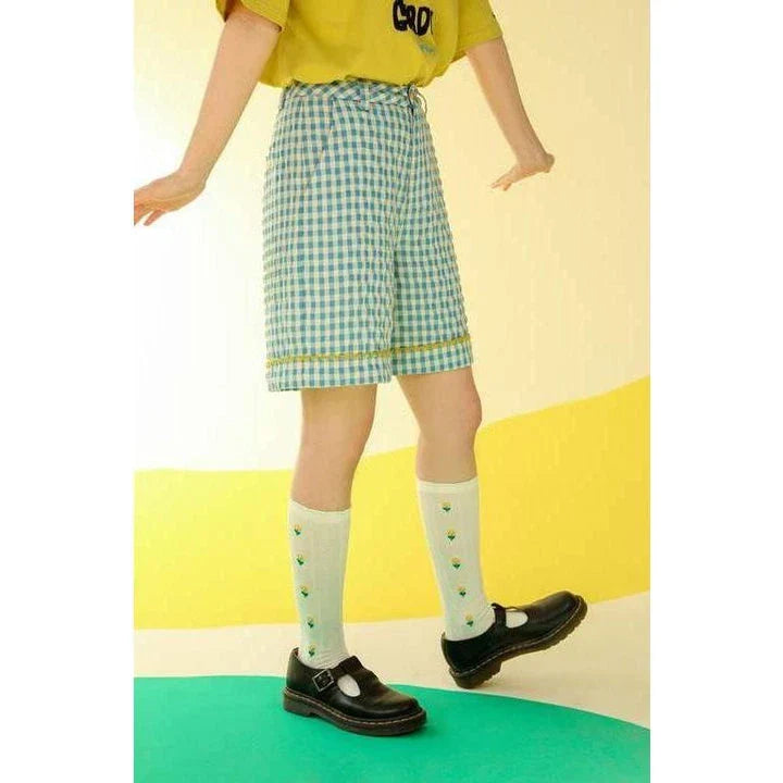 High-Waisted Plaid Chic Shorts with Bright Line Accents - Stylish Summer Essential