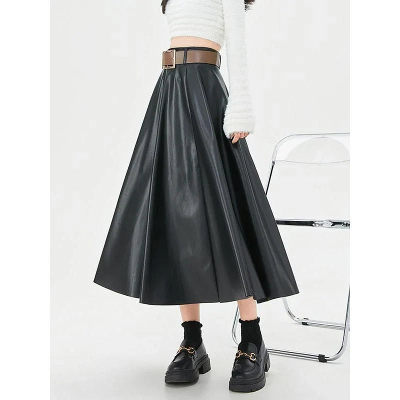 Elegant high-waist faux leather skirt with stylish belt, perfect for office or casual wear