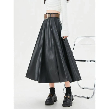 Elegant high-waist faux leather skirt with stylish belt, perfect for office or casual wear