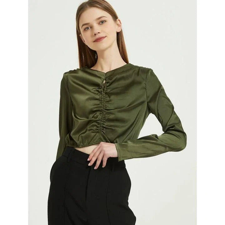 Elegant green silk chiffon long sleeve blouse, designed in New Zealand for the modern Kiwi woman