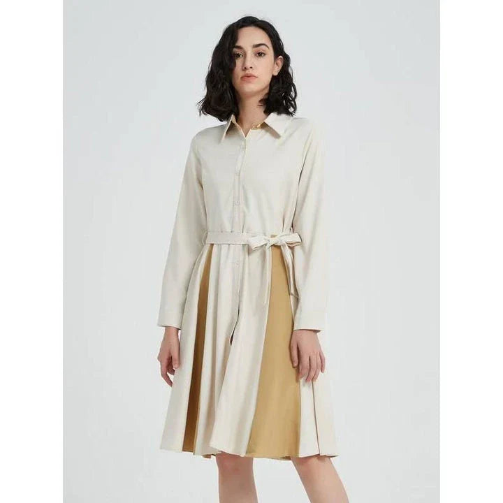 Elegant Beige A-line Long Sleeve Dress with Turn-down Collar and Belt for Flattering Fit