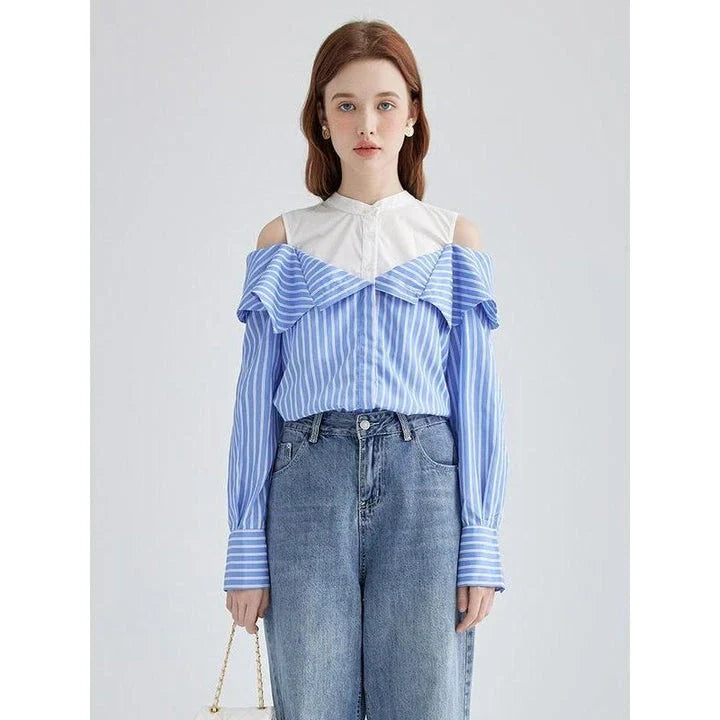 A stylish striped long sleeve off-shoulder blouse made from a premium cotton-polyester blend, perfect for the Kiwi lifestyle.