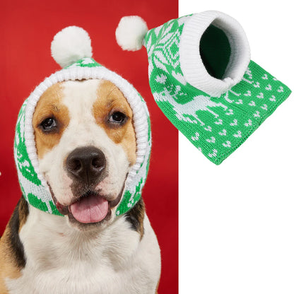 Cosy knitted pet hat with festive elk and snowflake design in various colours and sizes